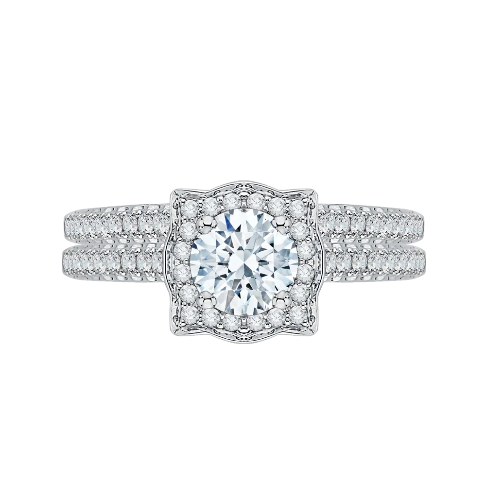 14K White Gold Round Diamond Halo Vintage Engagement Ring
