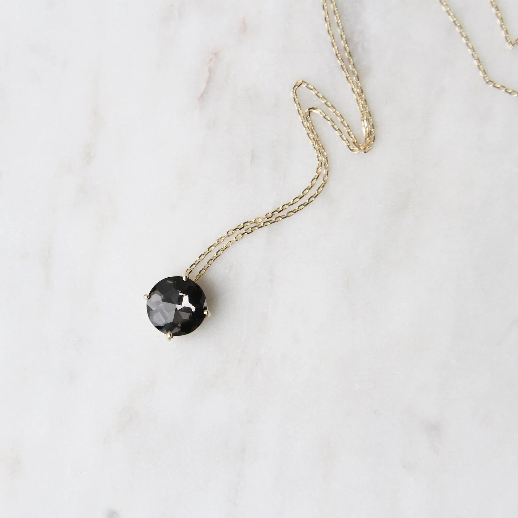 14k Yellow Gold 8mm Round Black Night Quartz Necklace