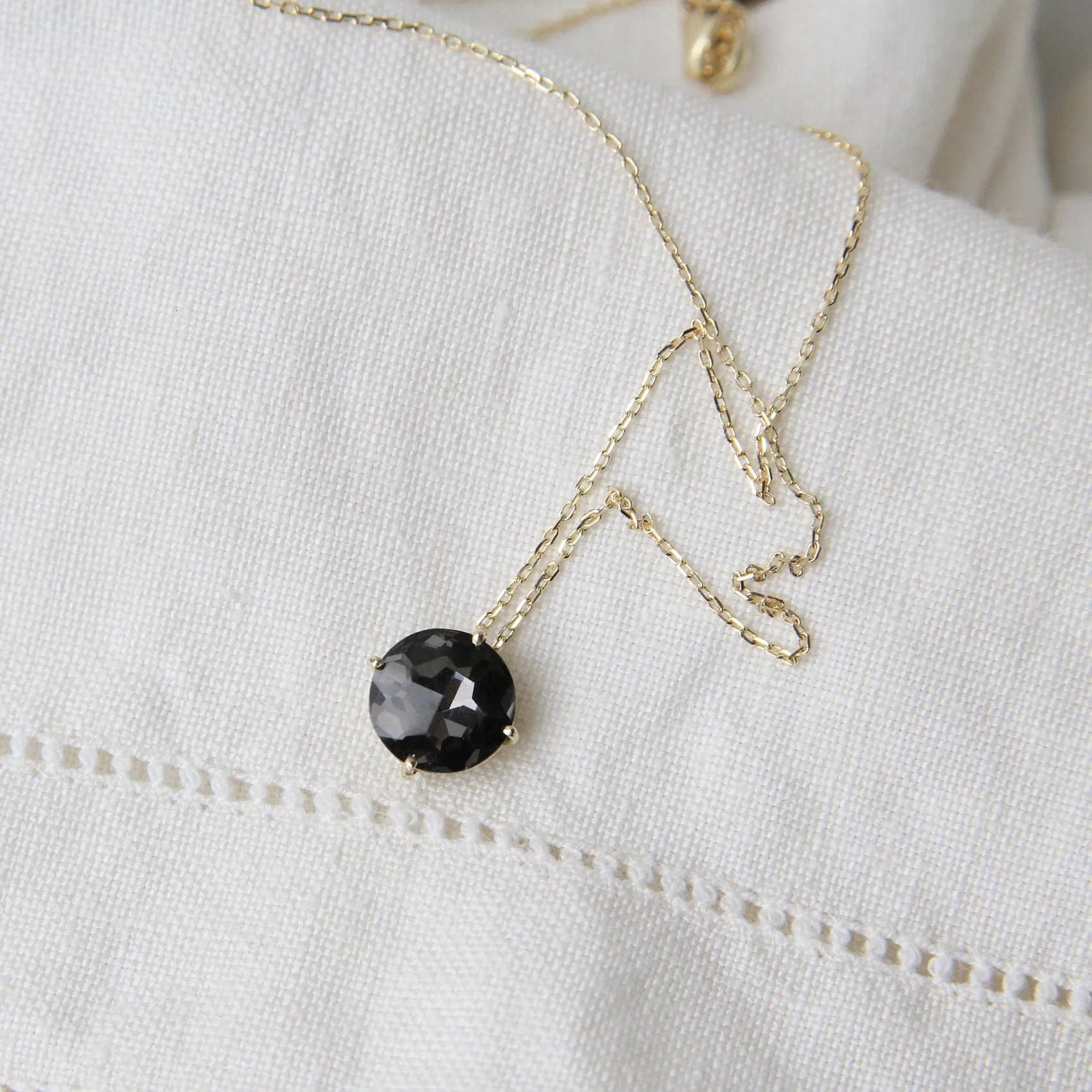 14k Yellow Gold 8mm Round Black Night Quartz Necklace