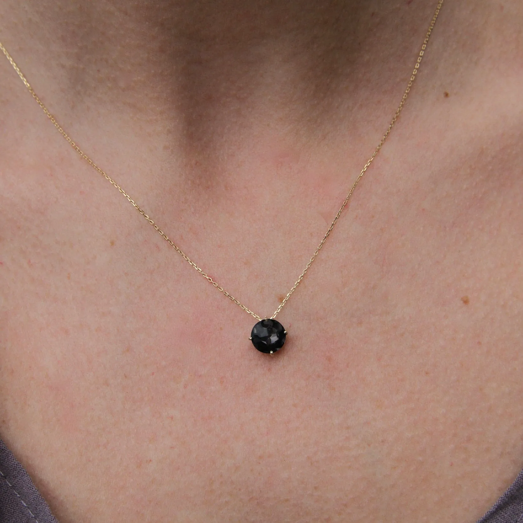 14k Yellow Gold 8mm Round Black Night Quartz Necklace