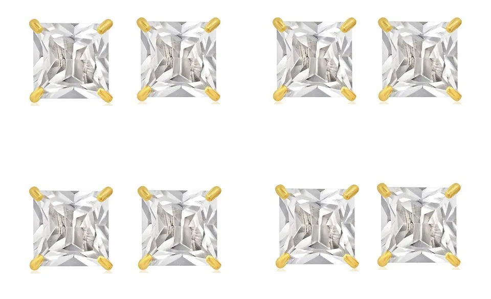 18k Yellow Gold Plated 2Ct Square Cut White Sapphire Set Of Four Stud Earrings