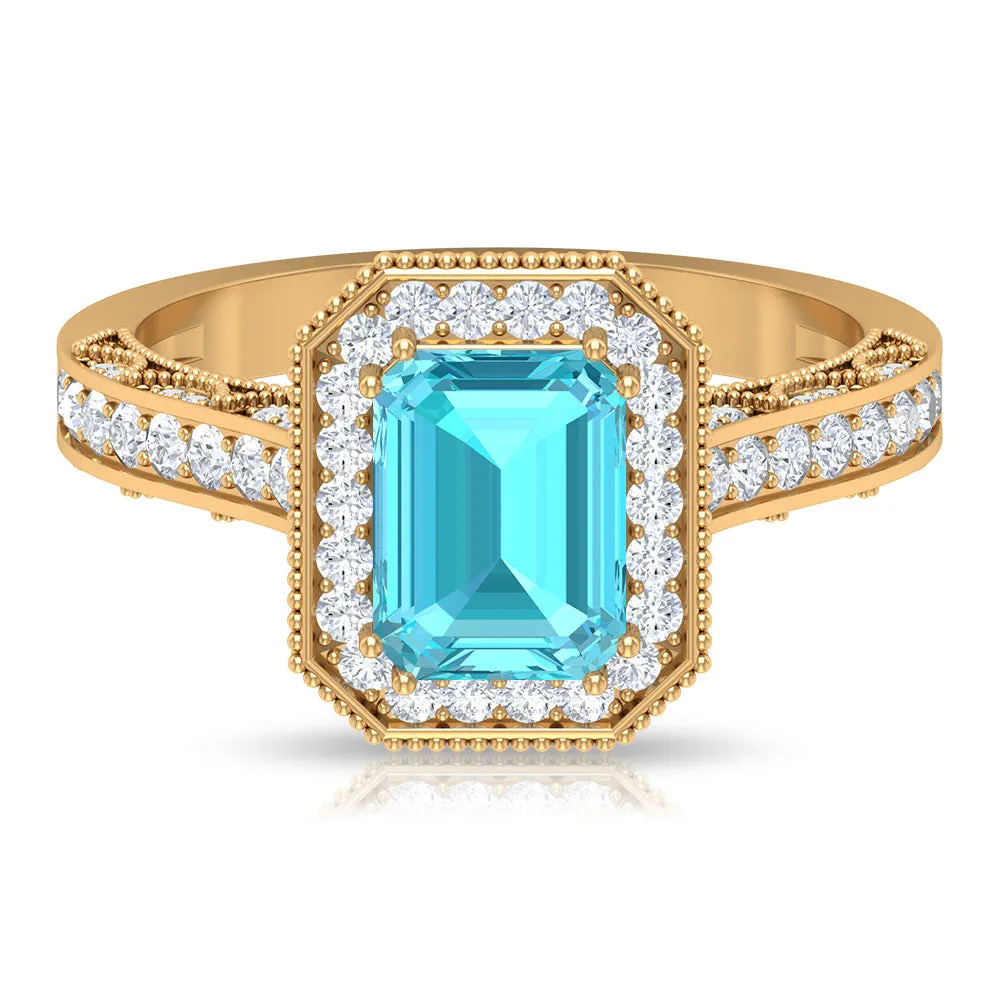 2.75 CT Swiss Blue Topaz Vintage Engagement Ring with Moissanite