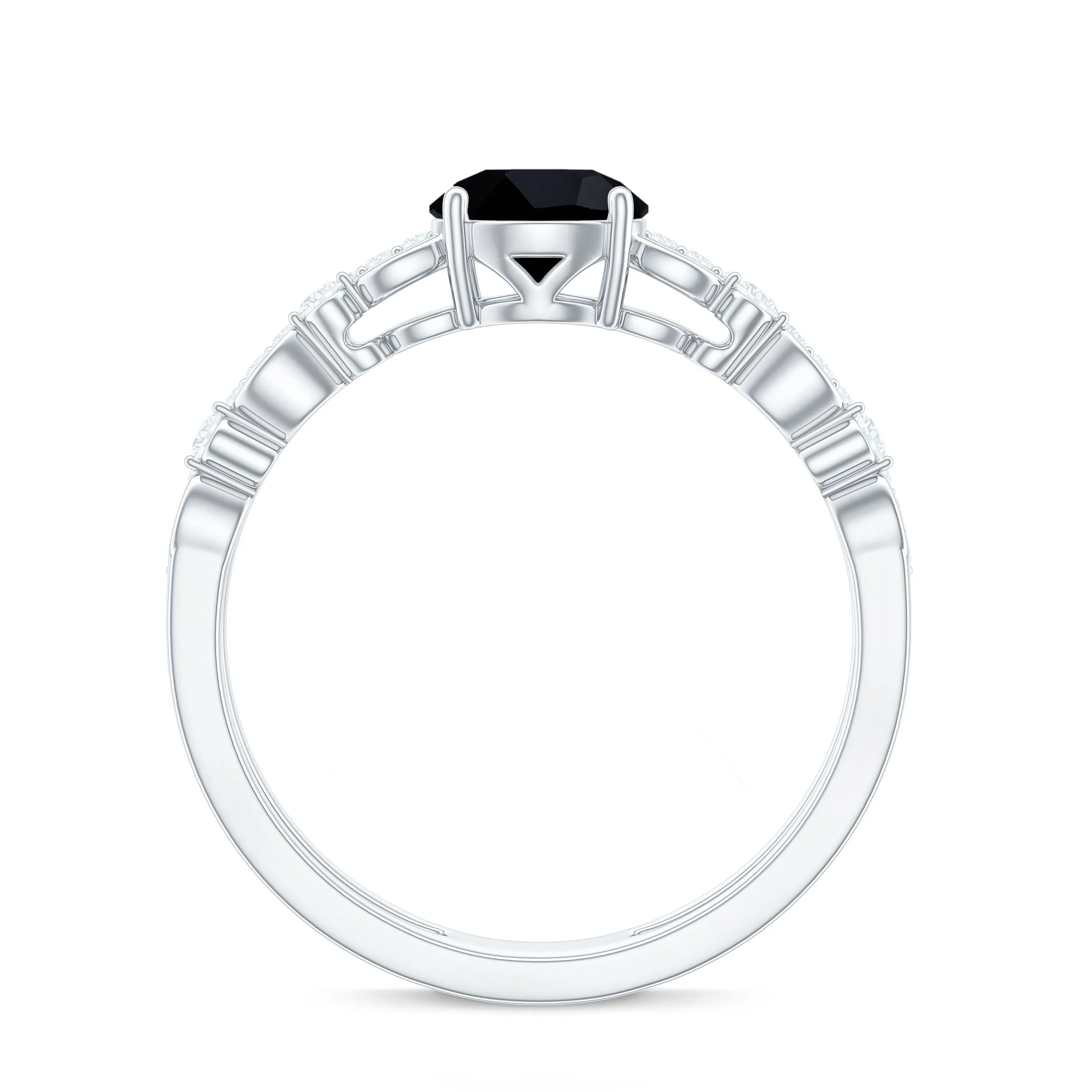 7 MM Black Onyx Double Band Solitaire Engagement Ring with Diamond