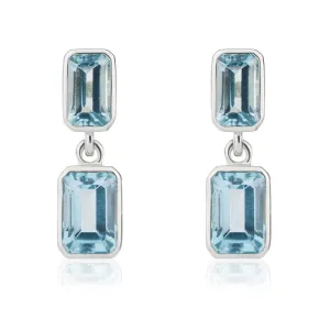 9ct White Gold Octagonal Swiss Blue Topaz Double Stone Rubover Drop Earrings