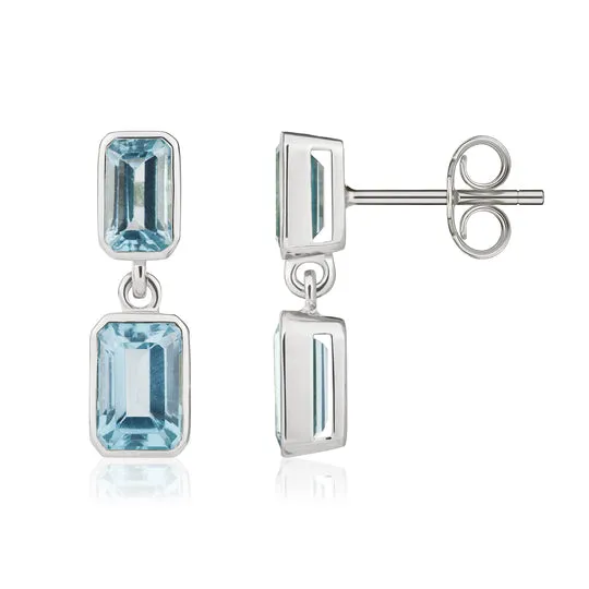 9ct White Gold Octagonal Swiss Blue Topaz Double Stone Rubover Drop Earrings