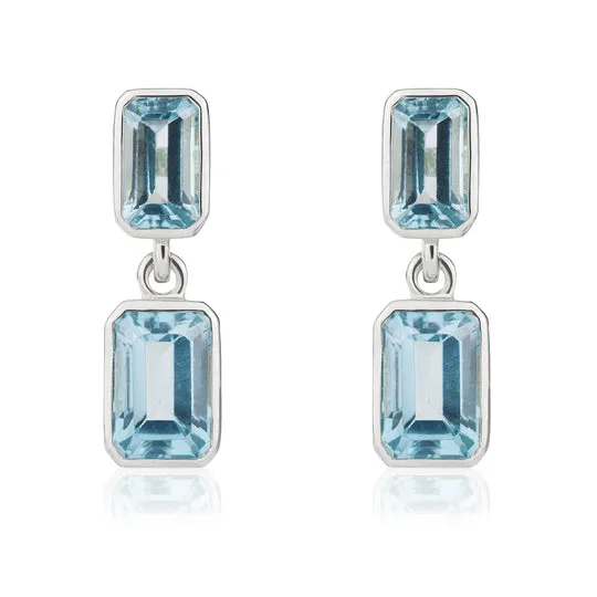 9ct White Gold Octagonal Swiss Blue Topaz Double Stone Rubover Drop Earrings