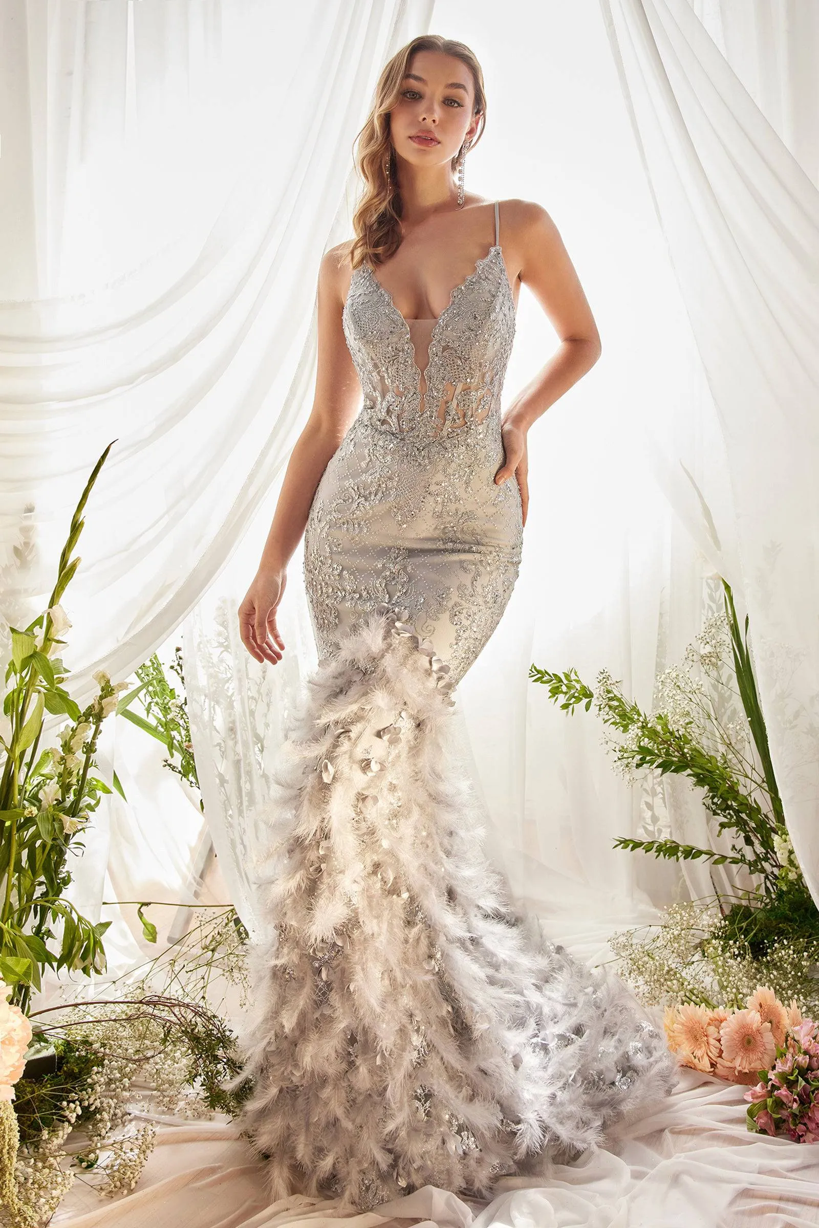 Andrea & Leo A1116 Sparkling Feathered Mermaid Corset Gown