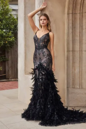 Andrea & Leo A1116 Sparkling Feathered Mermaid Corset Gown