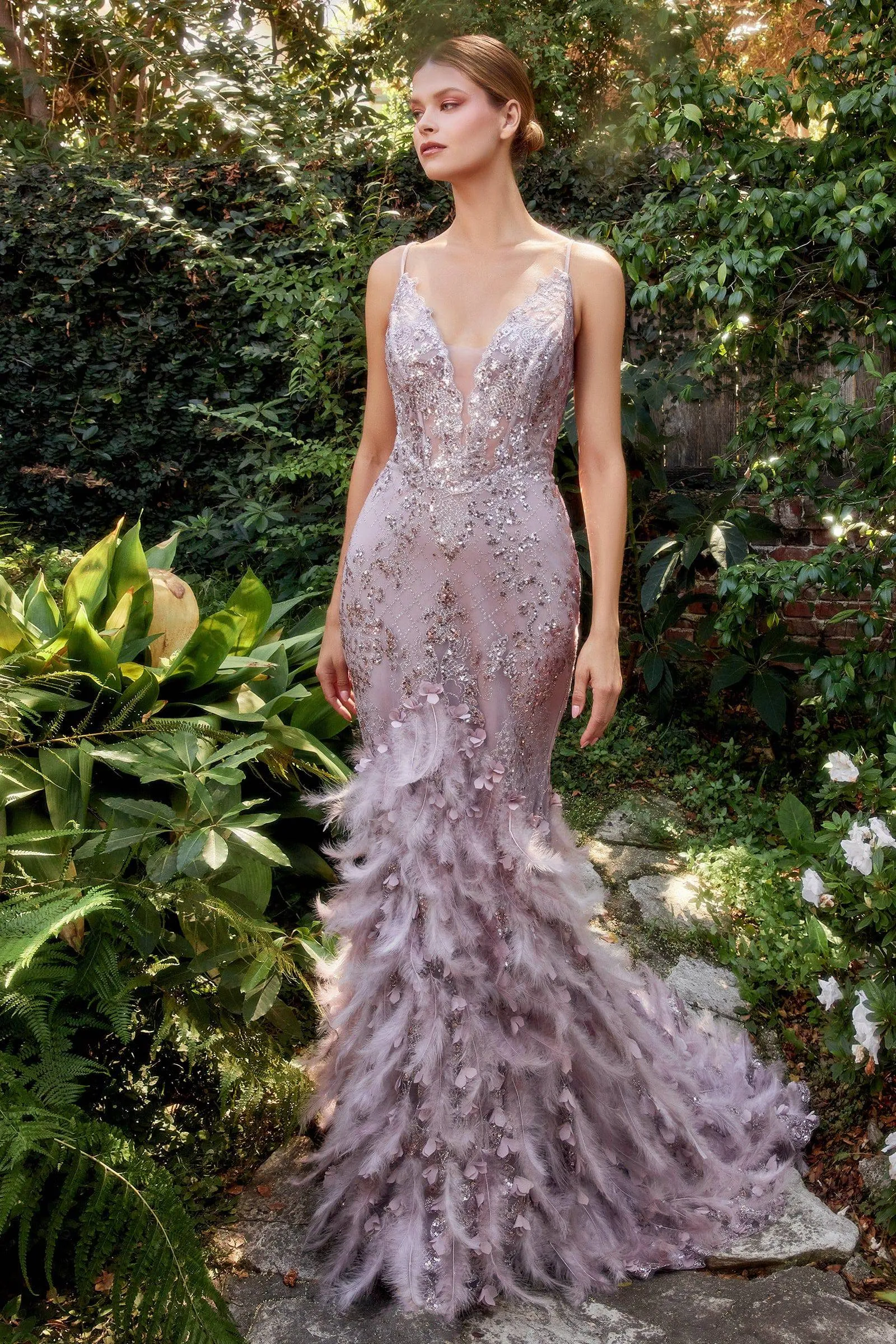 Andrea & Leo A1116 Sparkling Feathered Mermaid Corset Gown
