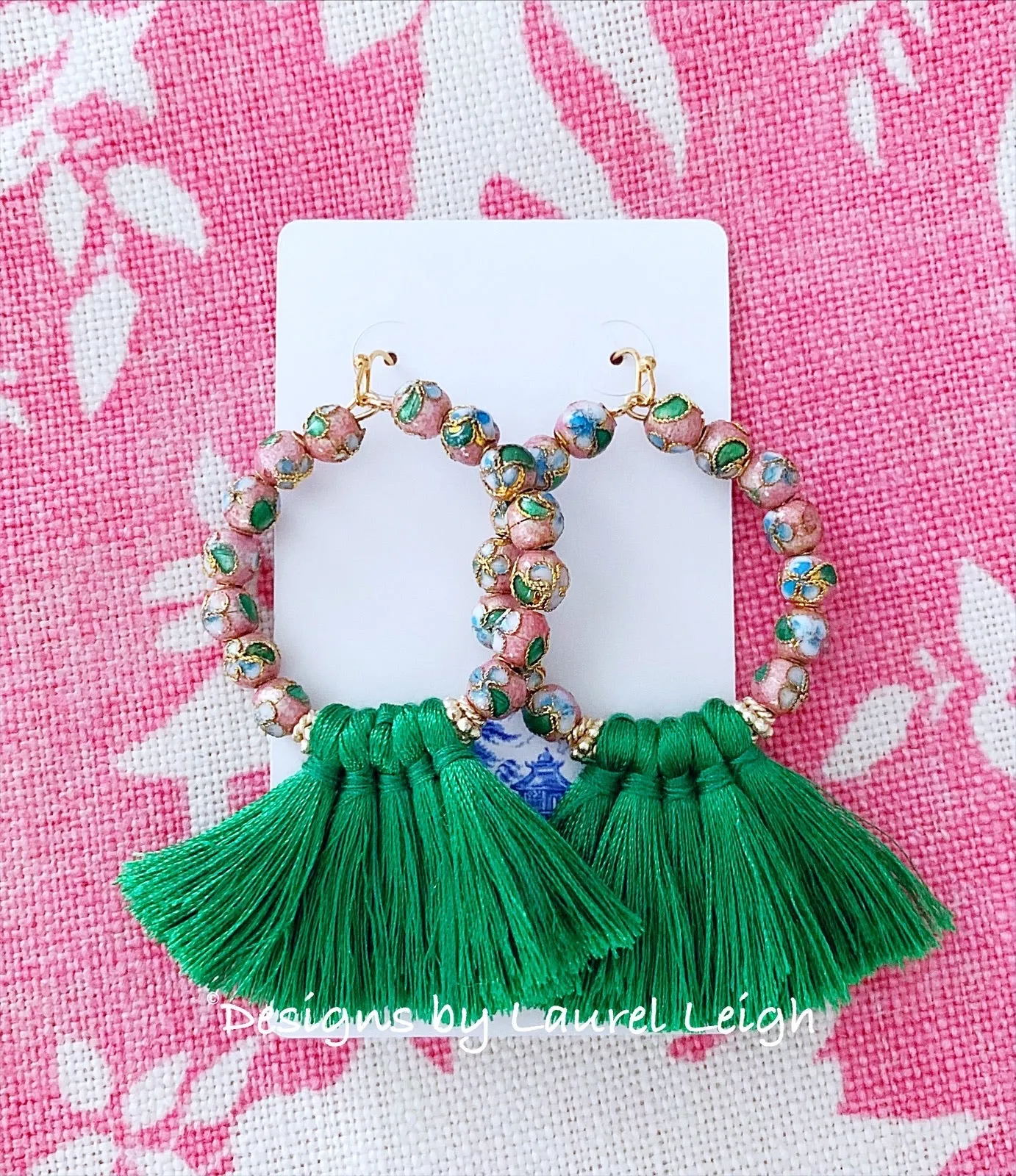 Blush Pink and Green Chinoiserie Cloisonné Tassel Earrings