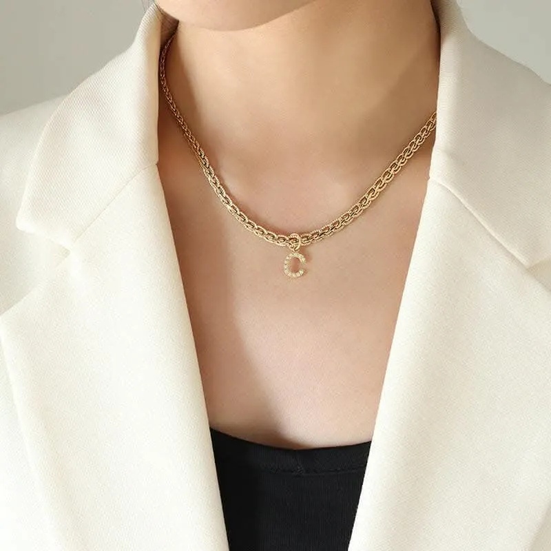 Brass zircon letter pendant necklace