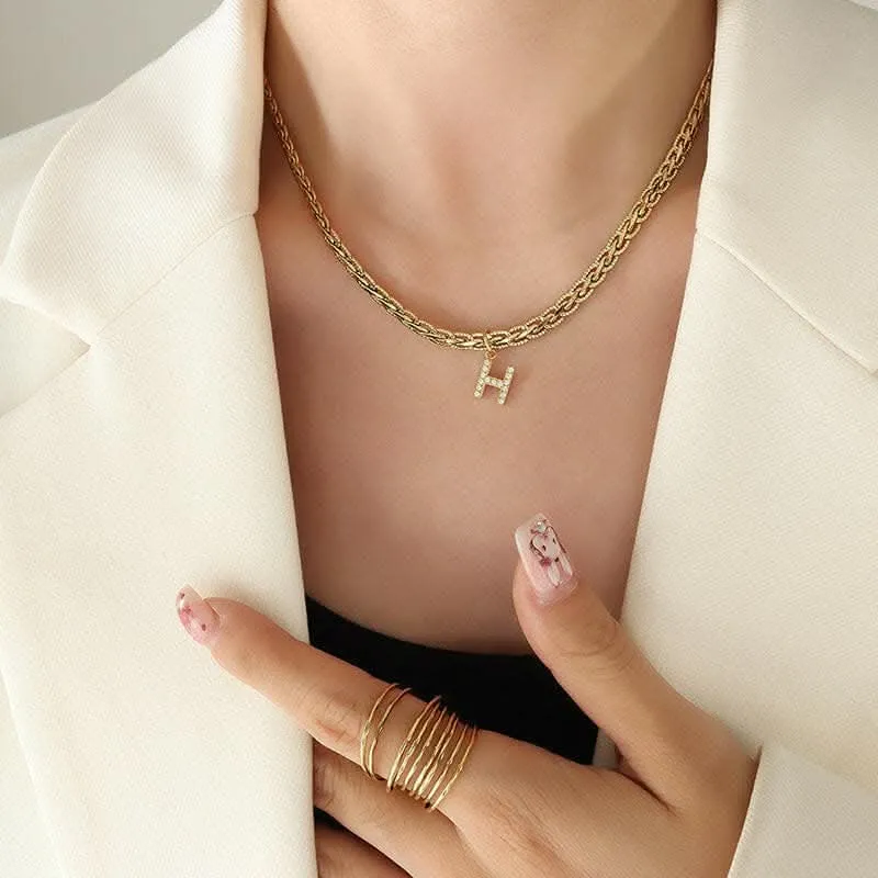 Brass zircon letter pendant necklace