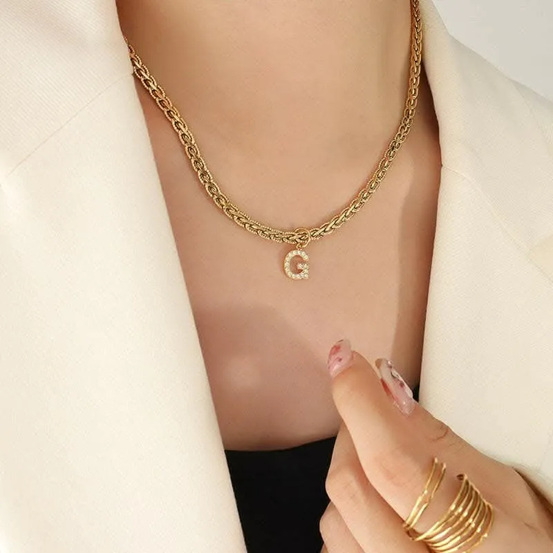 Brass zircon letter pendant necklace