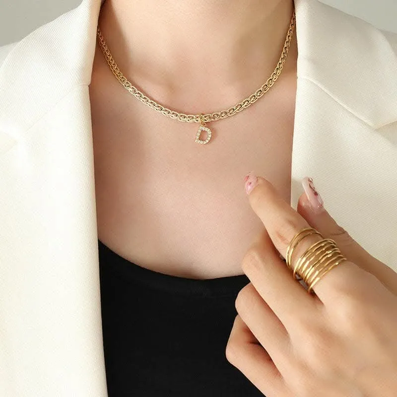 Brass zircon letter pendant necklace