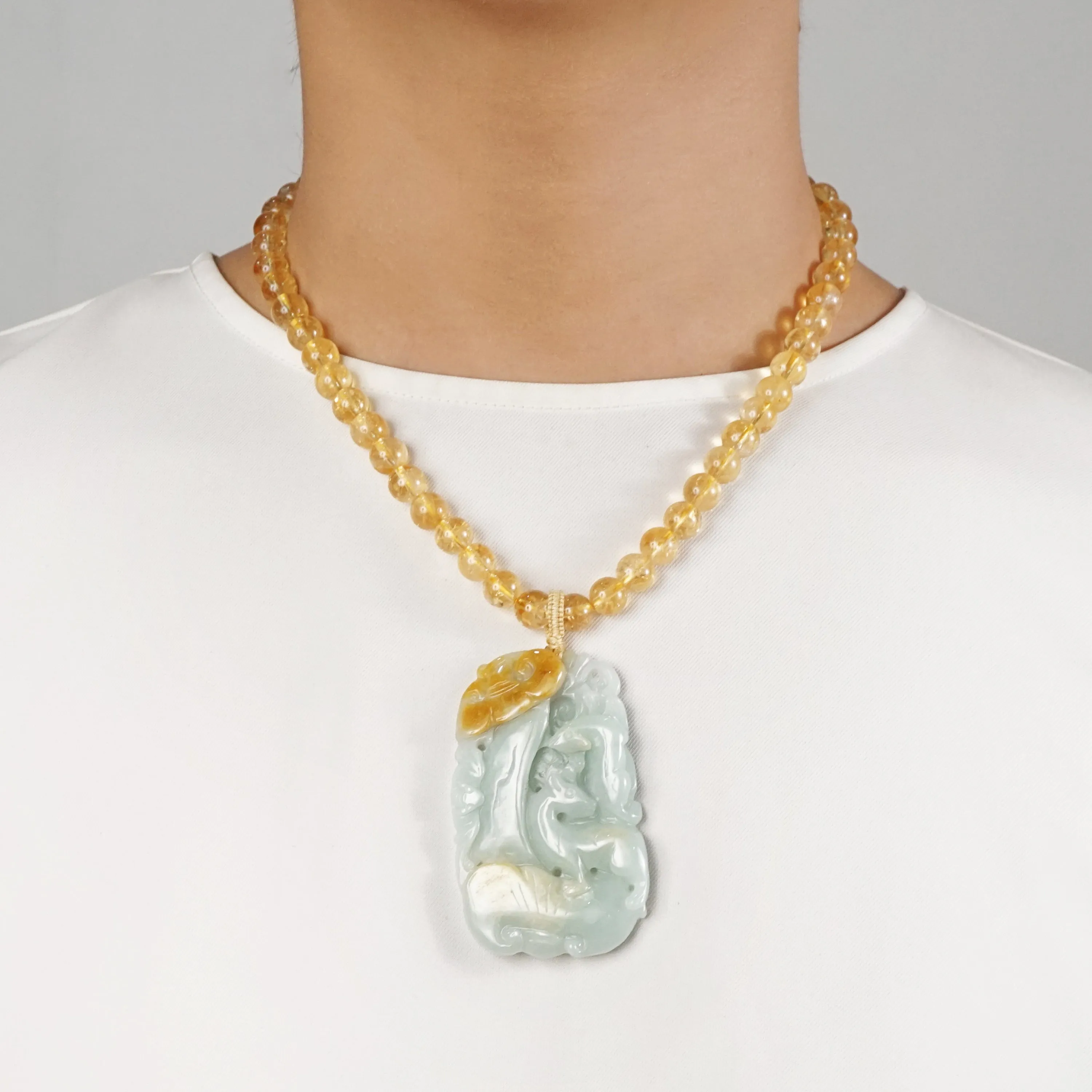 Citrine 8mm with Carved Goat and Bat Burma Jade