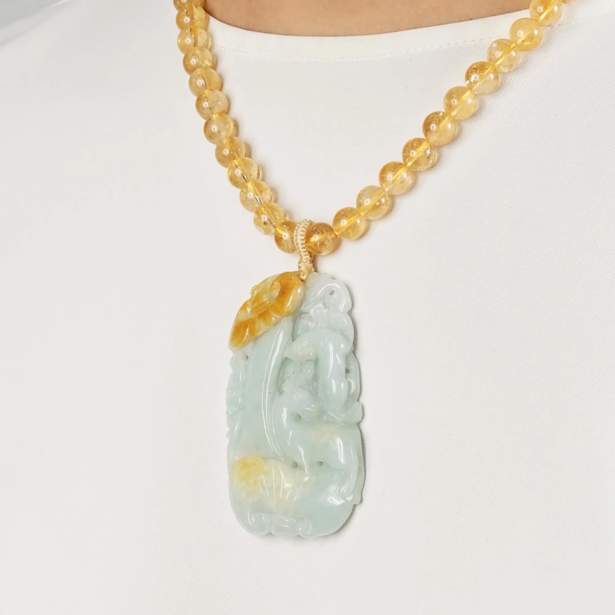 Citrine 8mm with Carved Goat and Bat Burma Jade