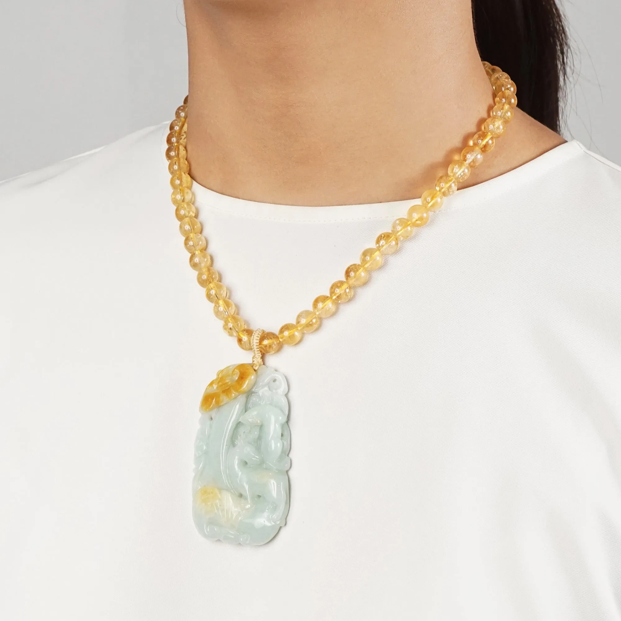 Citrine 8mm with Carved Goat and Bat Burma Jade