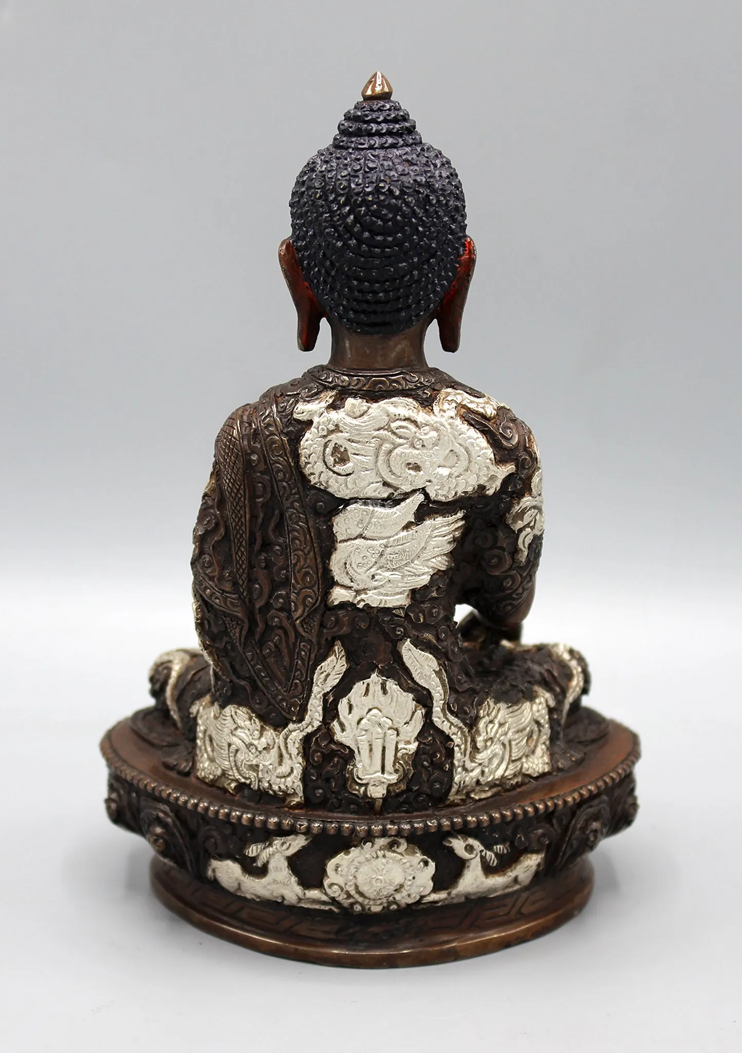 Copper Oxidized Shakyamuni Buddha Statue Dragon Carving