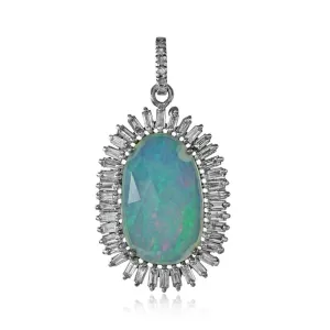 Genuine Opal Baguette Diamond 925 Silver 18" Chain Pendant Jewelry PEMJ-1269