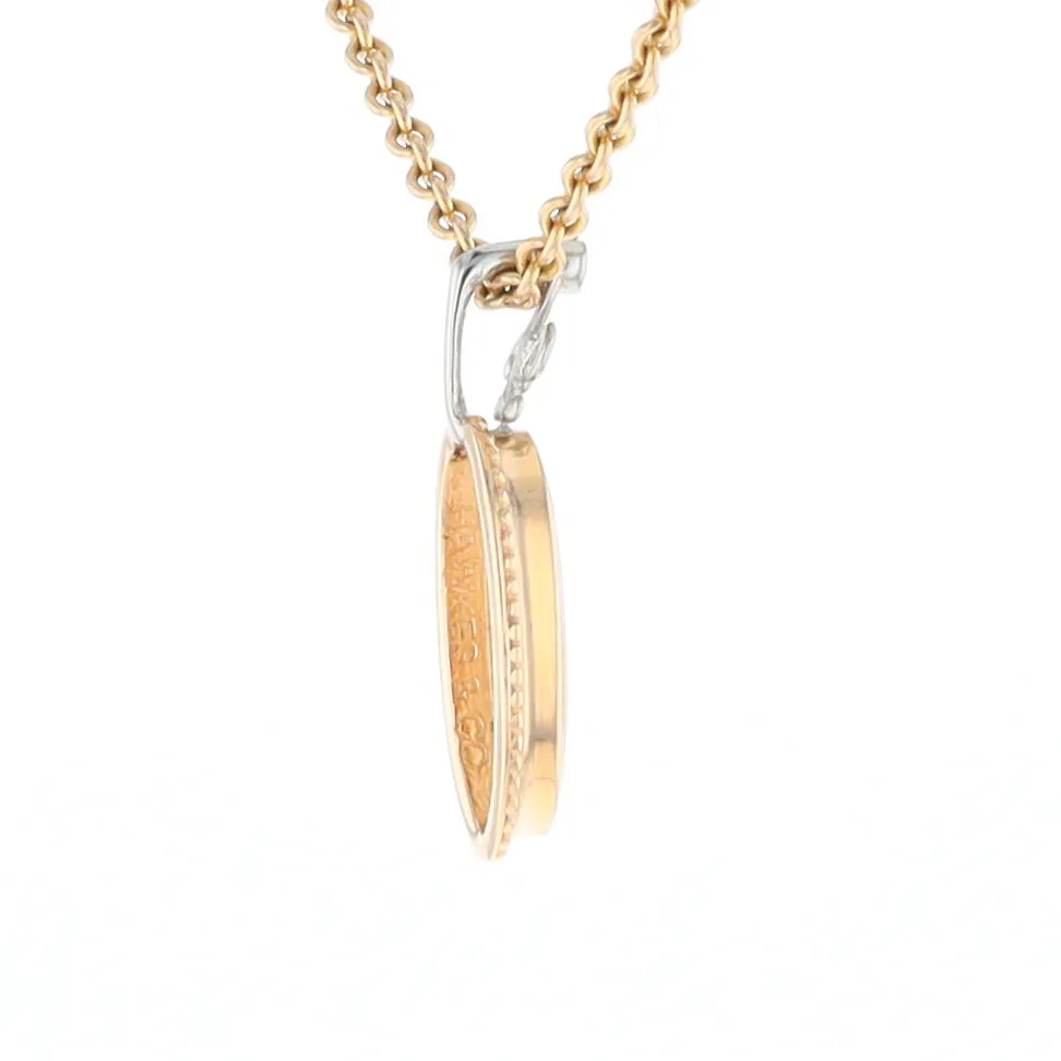 Gold Quartz Necklace, Oval Inlaid Fleur De Lis Design with .02ctw Diamond Pendant