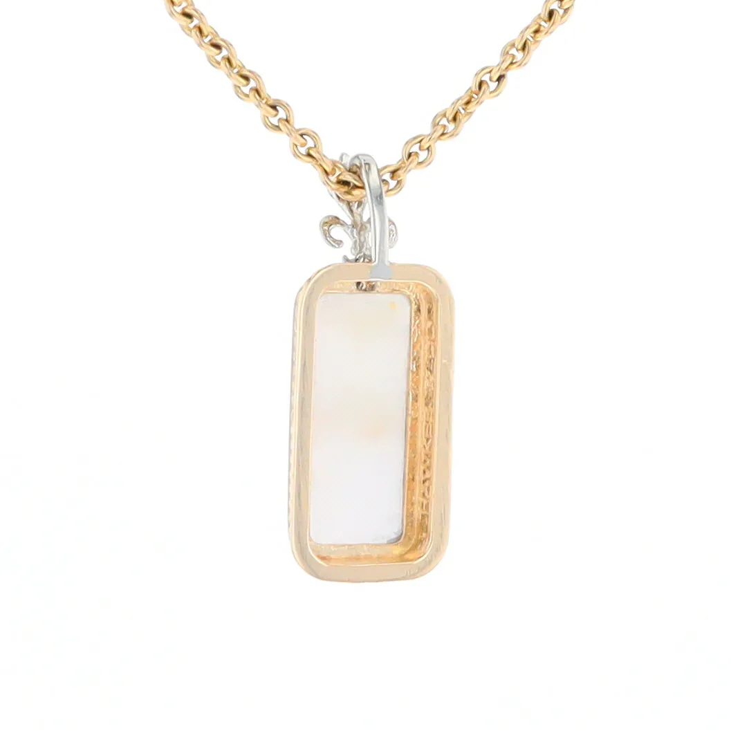 Gold Quartz Necklace, Rectangle Inlaid Fleur De Lis Design with .02ctw Diamond Pendant