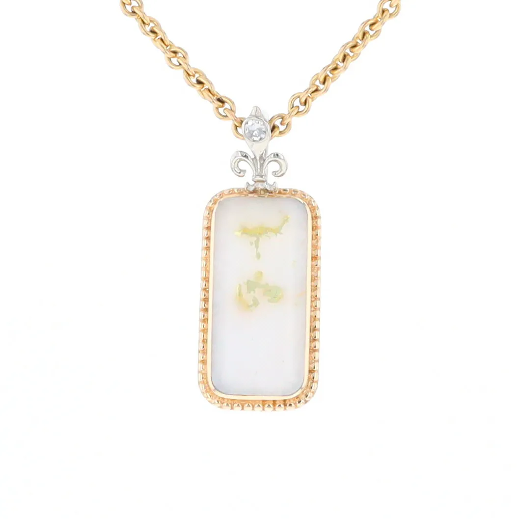 Gold Quartz Necklace, Rectangle Inlaid Fleur De Lis Design with .02ctw Diamond Pendant