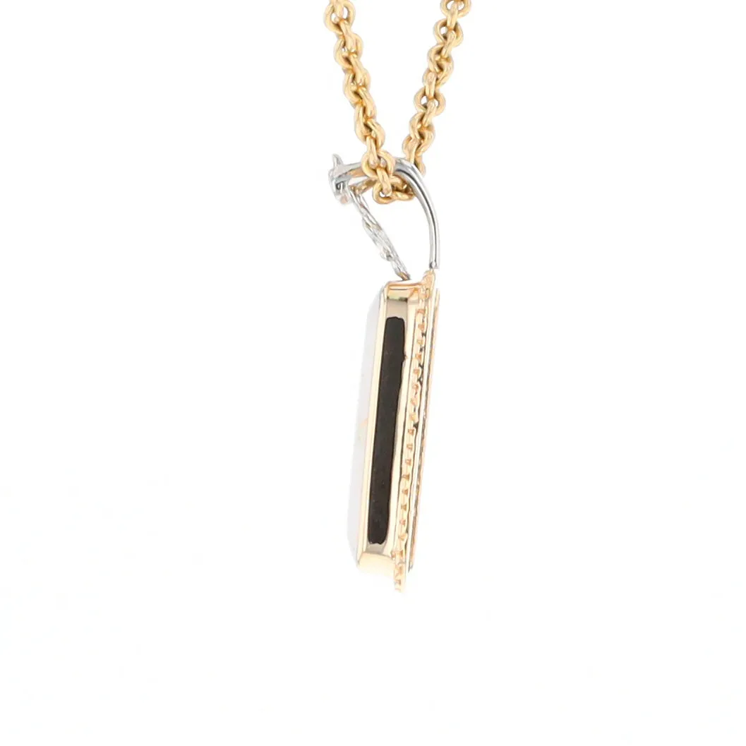 Gold Quartz Necklace, Rectangle Inlaid Fleur De Lis Design with .02ctw Diamond Pendant