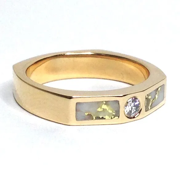 Gold Quartz Ring Double Sided Inlaid Design with .10ct Round Diamond