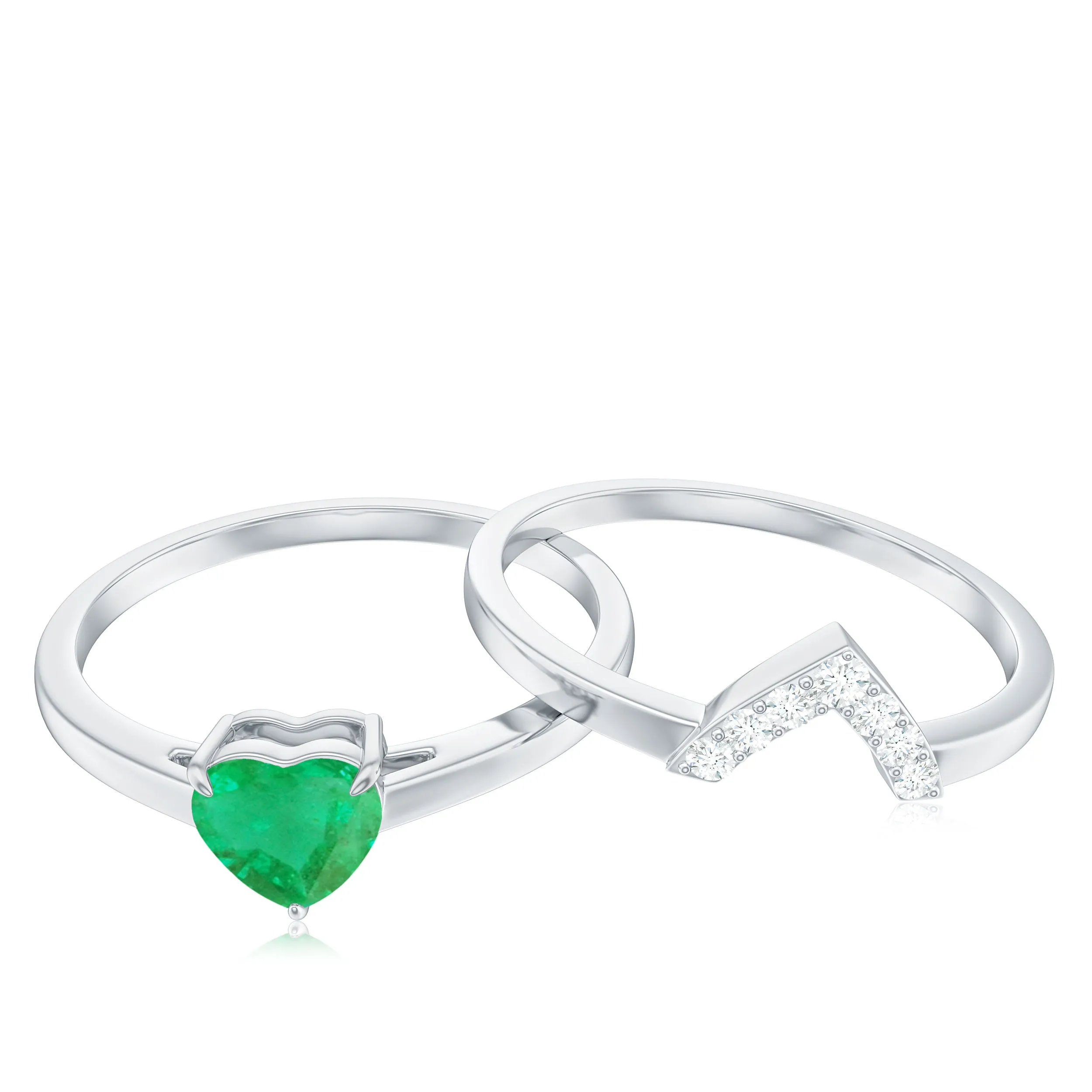 Heart Shape Emerald and Diamond Solitaire Ring Set
