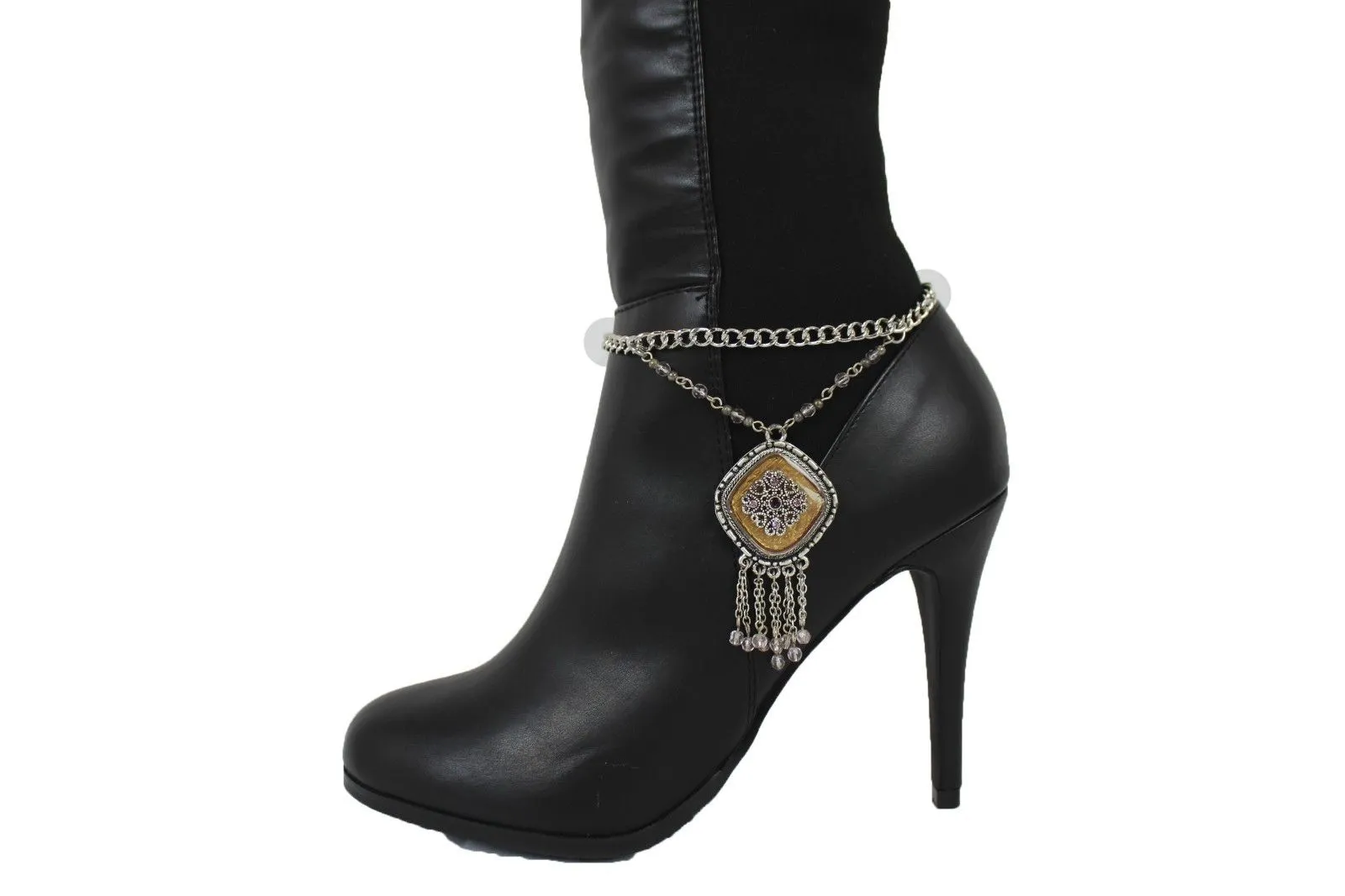 Hot Women Silver Chain Boot Bracelet Anklet Shoe Charm Ethnic Beads Jewelry Fringes