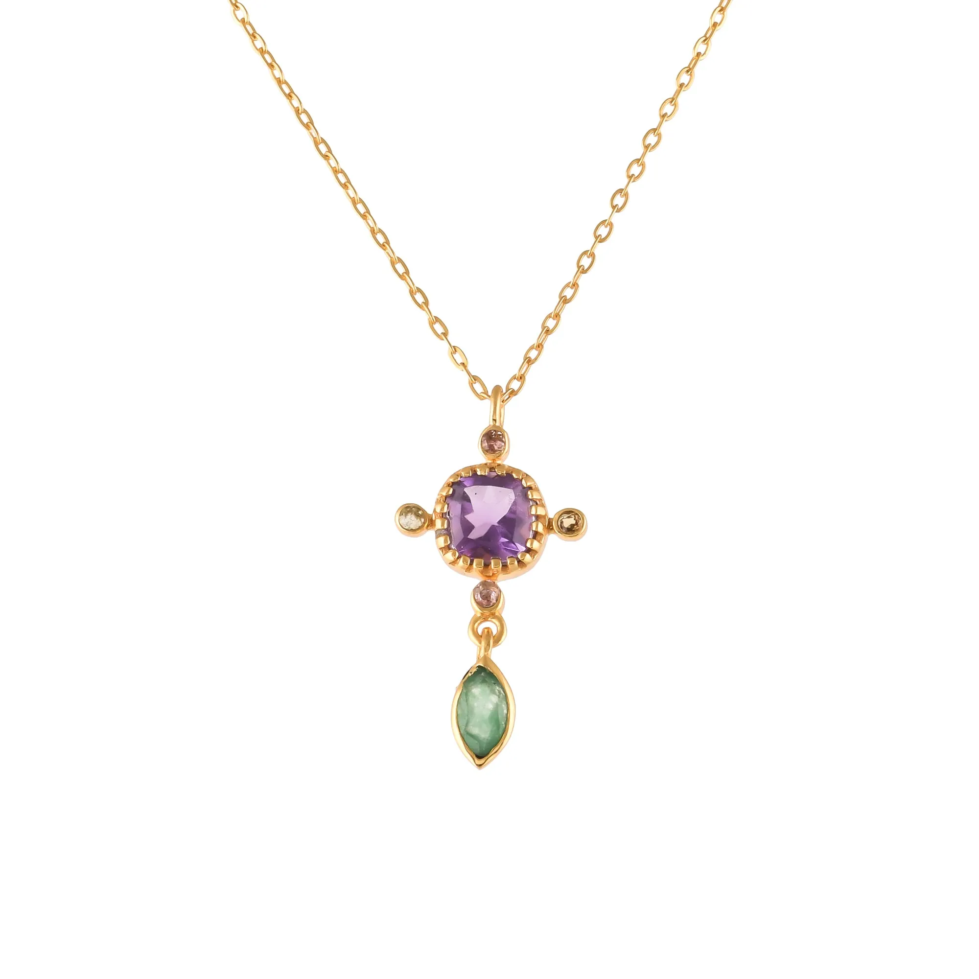 Kaleidoscope Amethyst, Nephrite & Citrine Drop Pendant Necklace in Gold