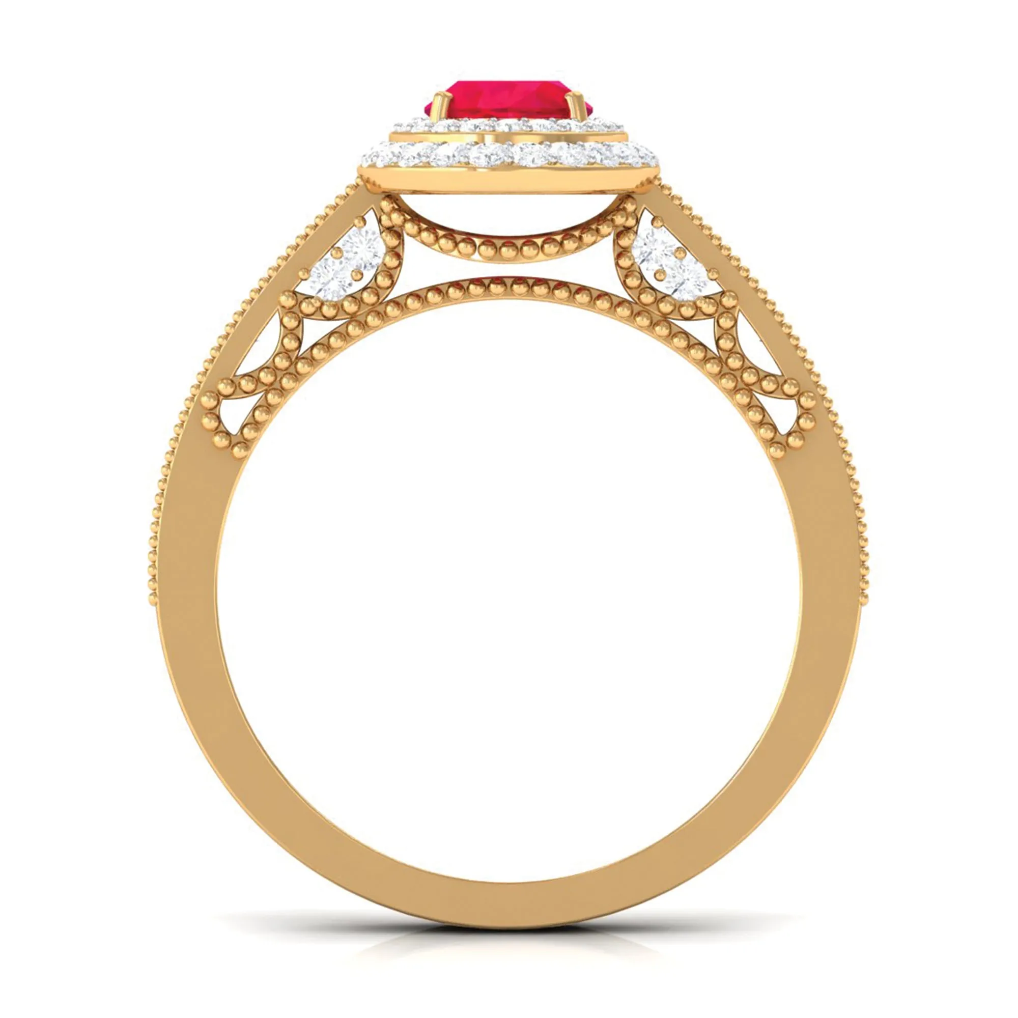 Lab-Created Ruby Beaded Engagement Ring with Diamond