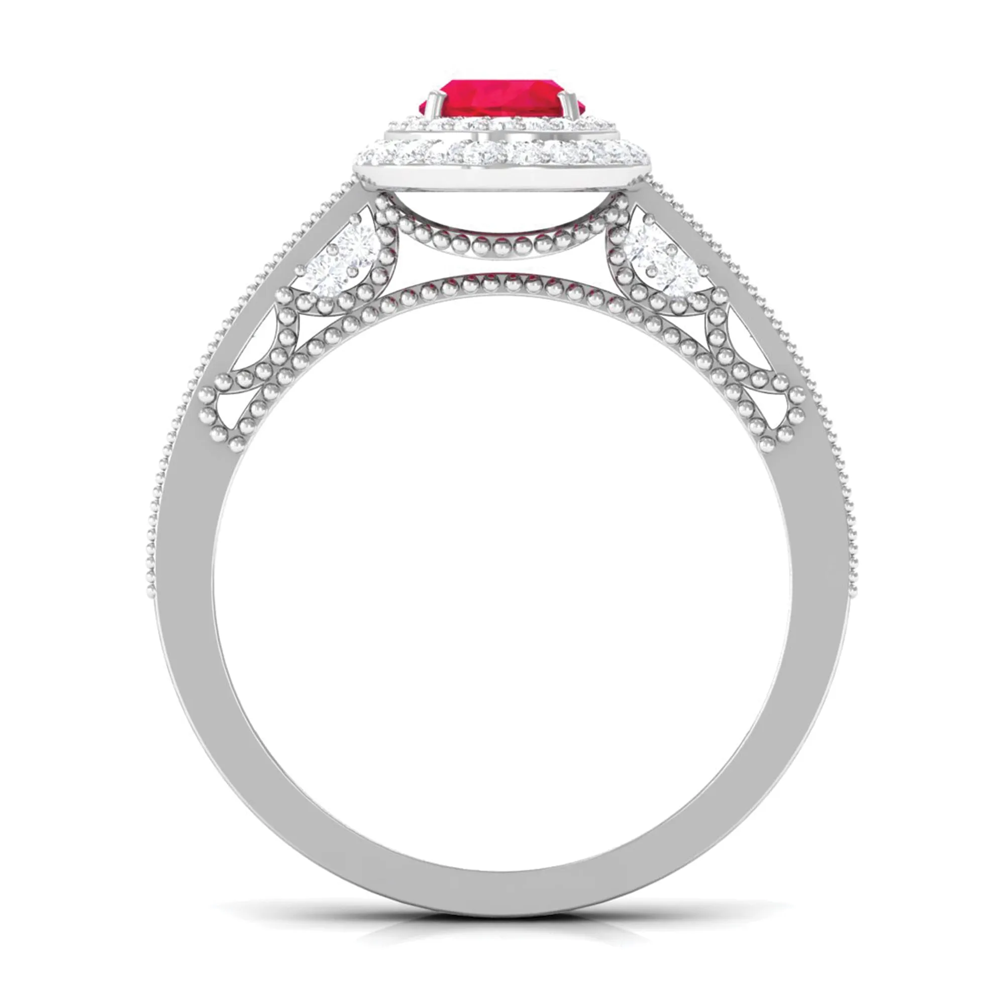 Lab-Created Ruby Beaded Engagement Ring with Diamond