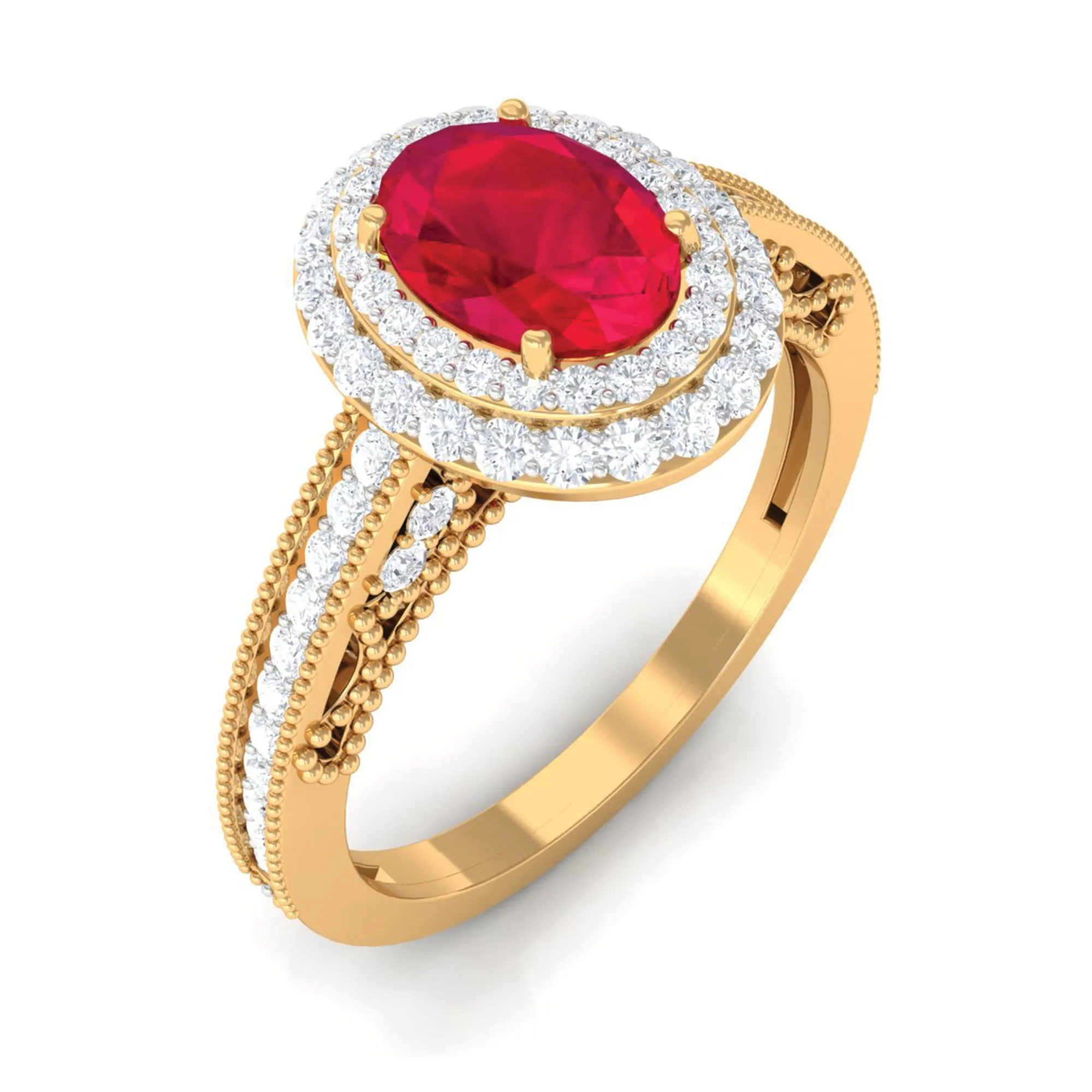 Lab-Created Ruby Beaded Engagement Ring with Diamond