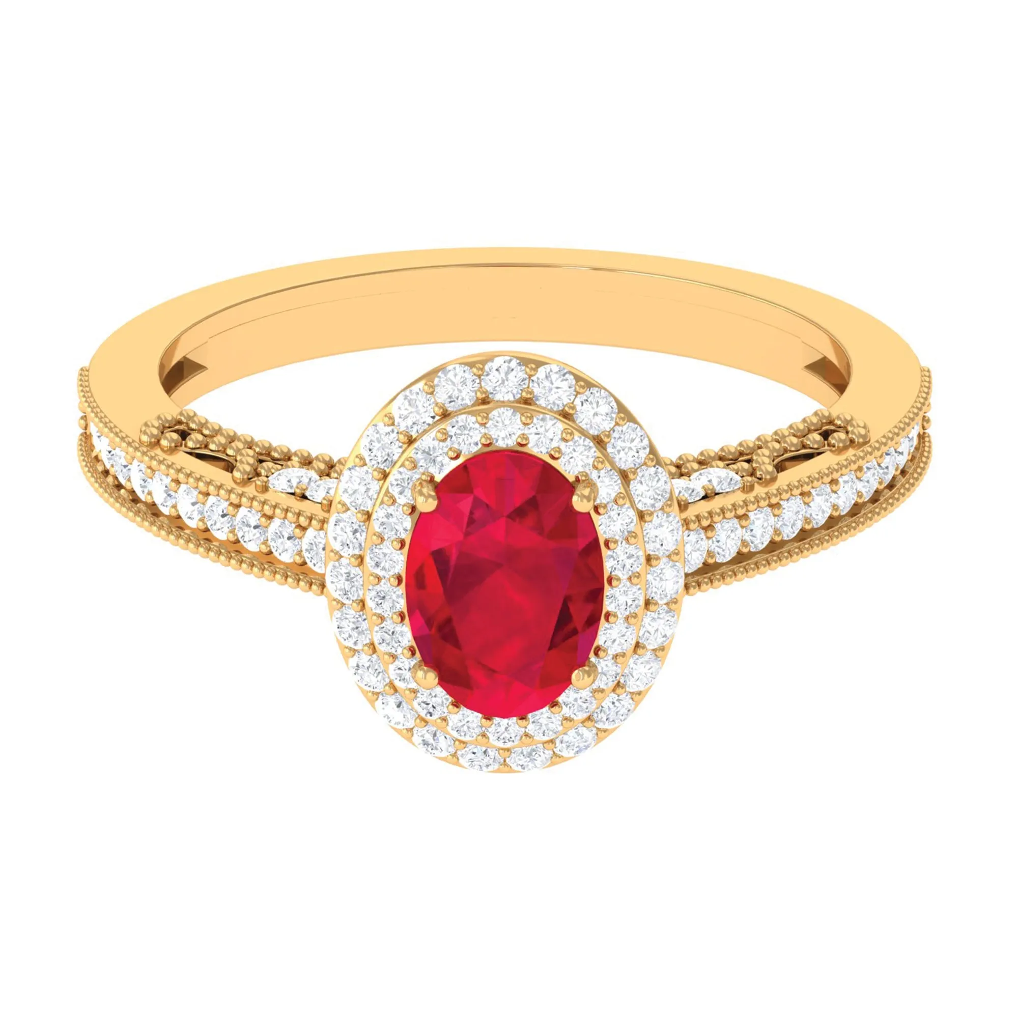 Lab-Created Ruby Beaded Engagement Ring with Diamond