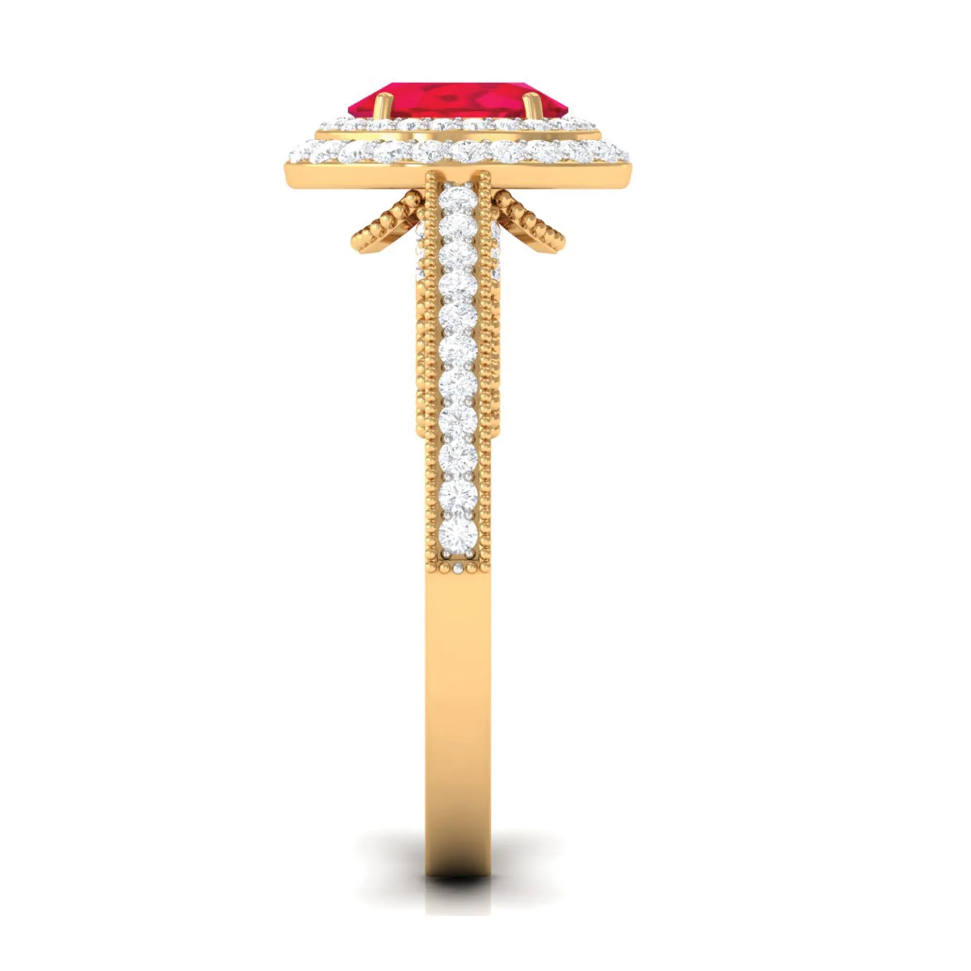 Lab-Created Ruby Beaded Engagement Ring with Diamond