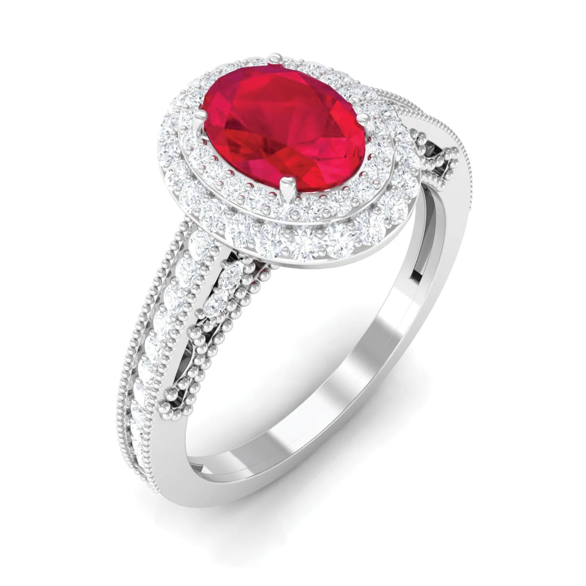 Lab-Created Ruby Beaded Engagement Ring with Diamond