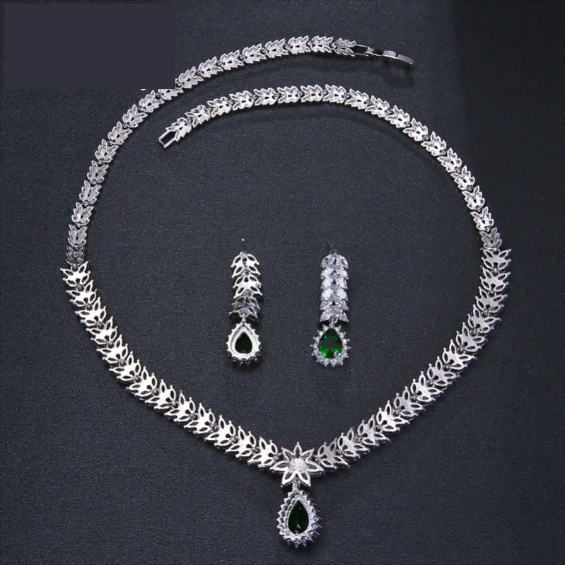 Luxury AAA Cubic Zircon 4 Colors Water Drop Wedding Earring Necklace Jewelry Sets
