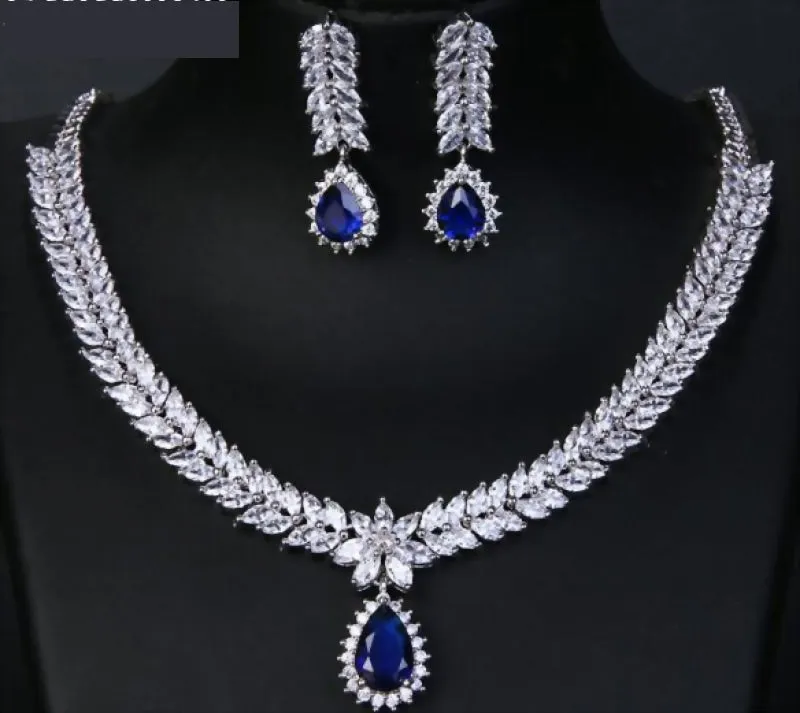 Luxury AAA Cubic Zircon 4 Colors Water Drop Wedding Earring Necklace Jewelry Sets