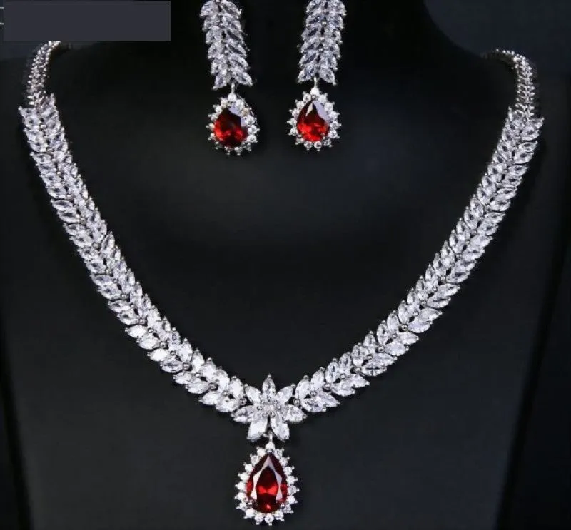 Luxury AAA Cubic Zircon 4 Colors Water Drop Wedding Earring Necklace Jewelry Sets