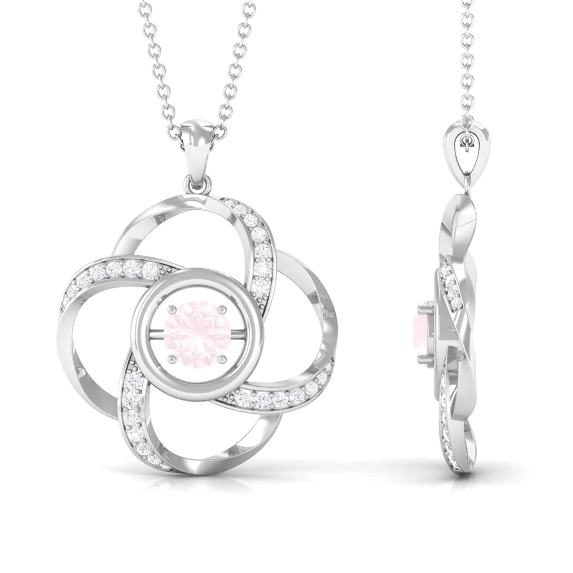 Nature Inspired Rose Quartz and Diamond Flower Pendant