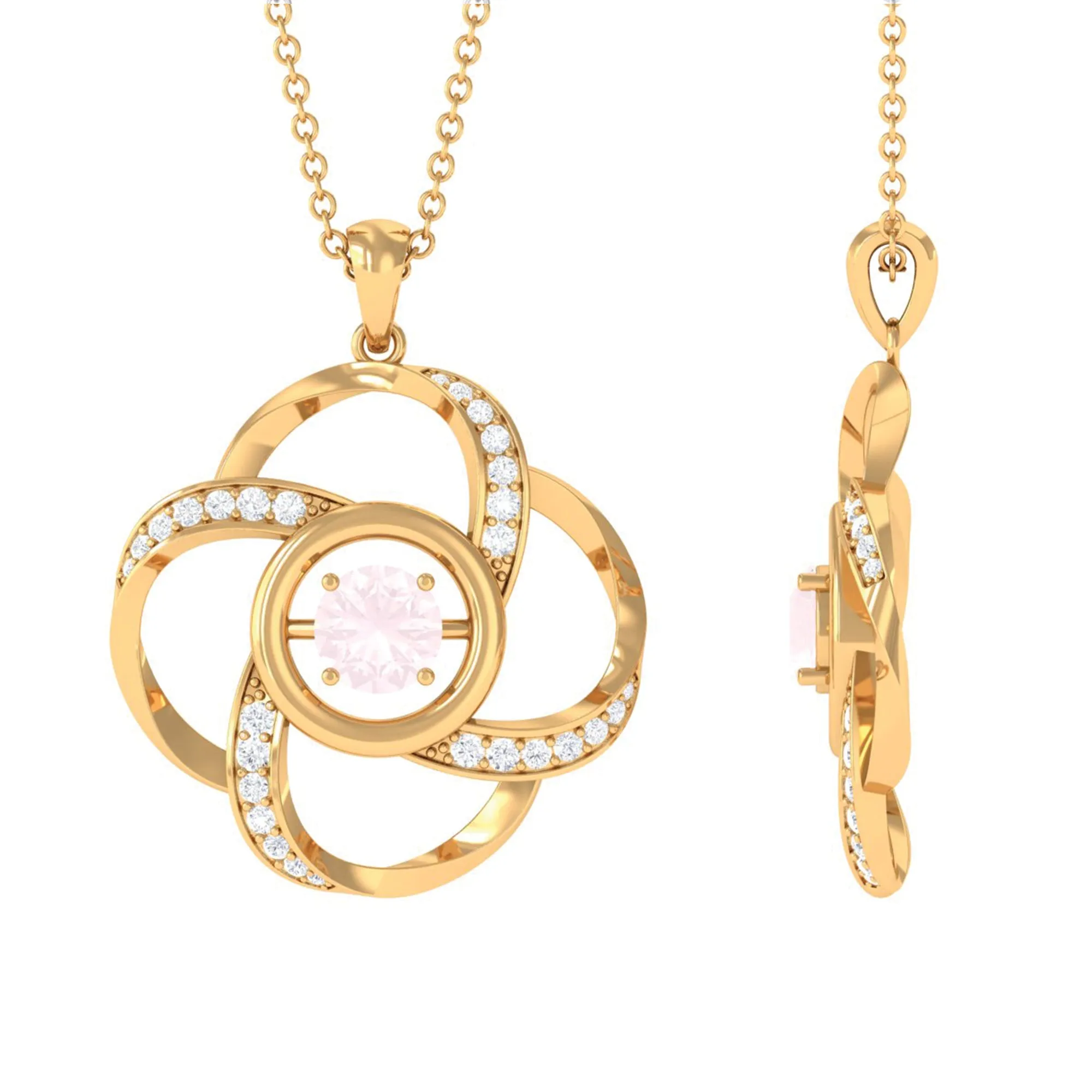 Nature Inspired Rose Quartz and Diamond Flower Pendant