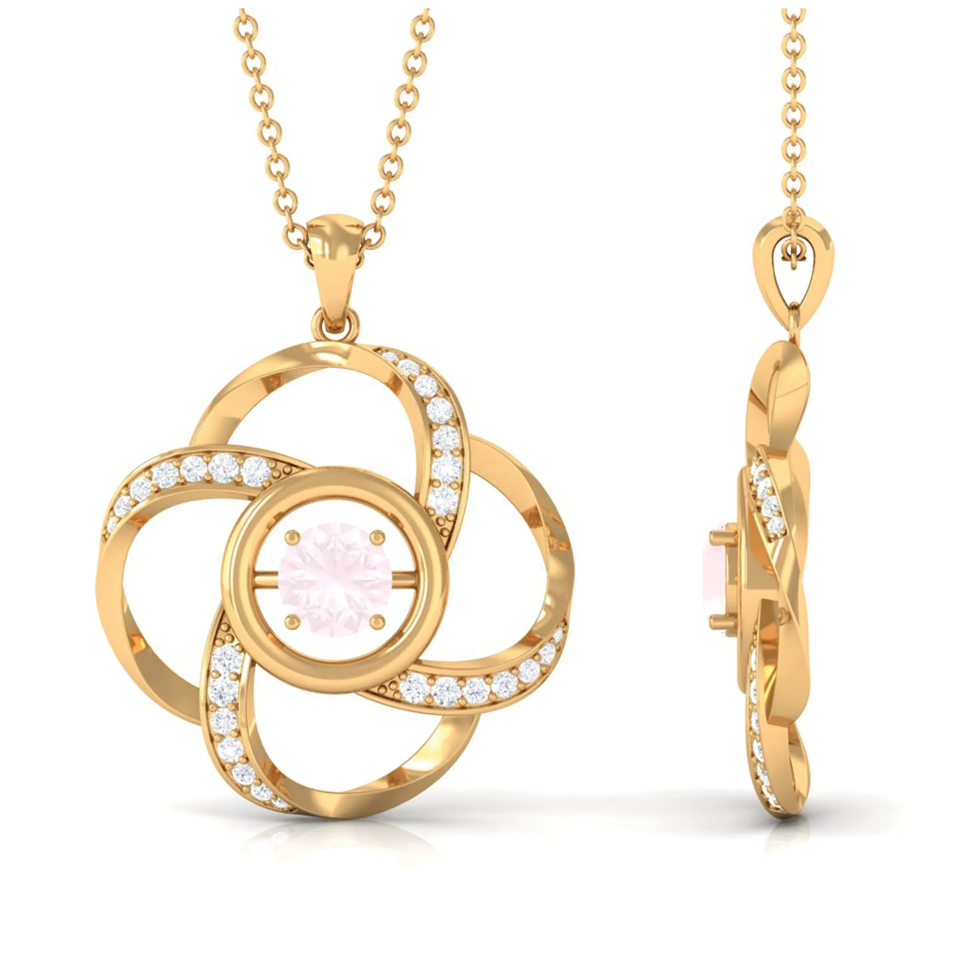 Nature Inspired Rose Quartz and Diamond Flower Pendant