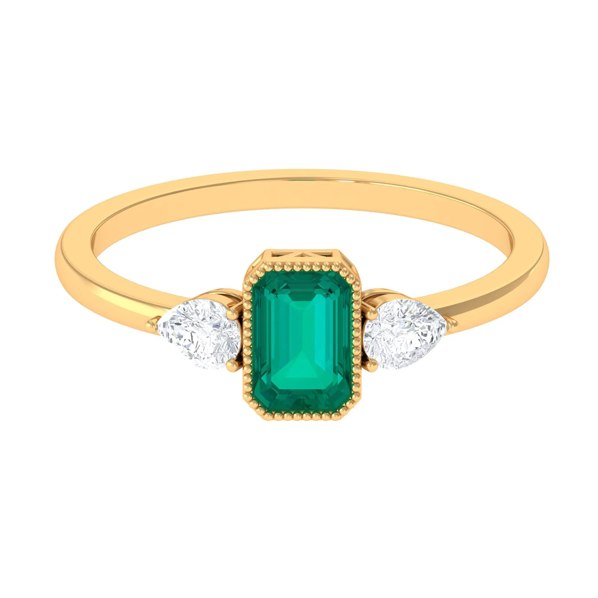Octagon shape Emerald and Diamond Three Stone Ring in Bezel Setting