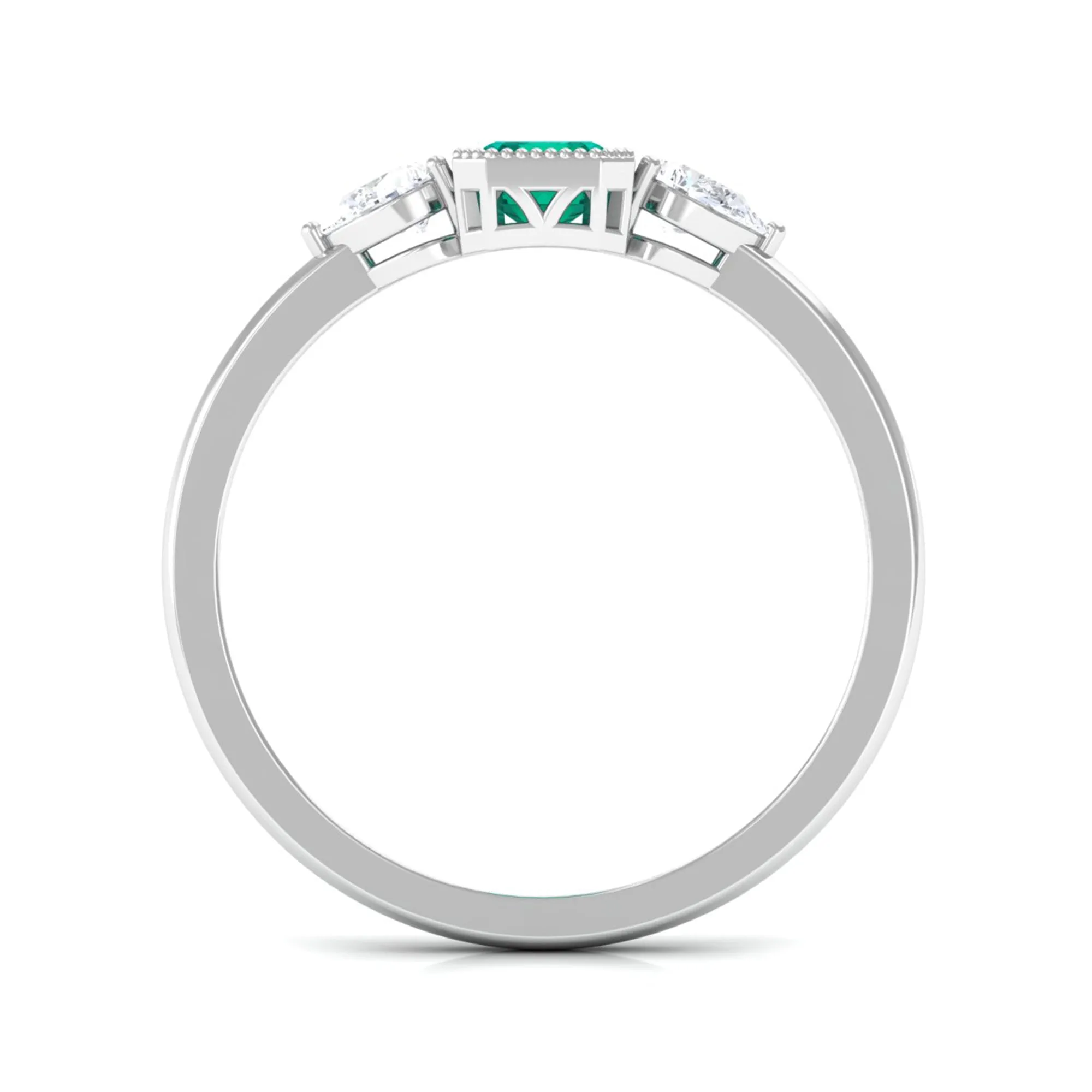 Octagon shape Emerald and Diamond Three Stone Ring in Bezel Setting