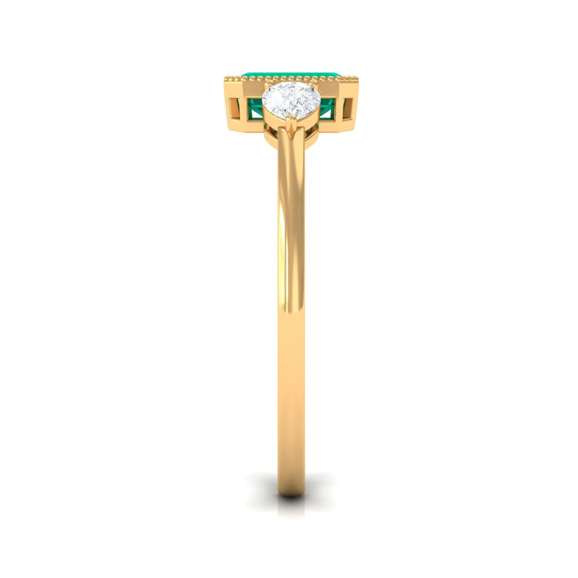 Octagon shape Emerald and Diamond Three Stone Ring in Bezel Setting
