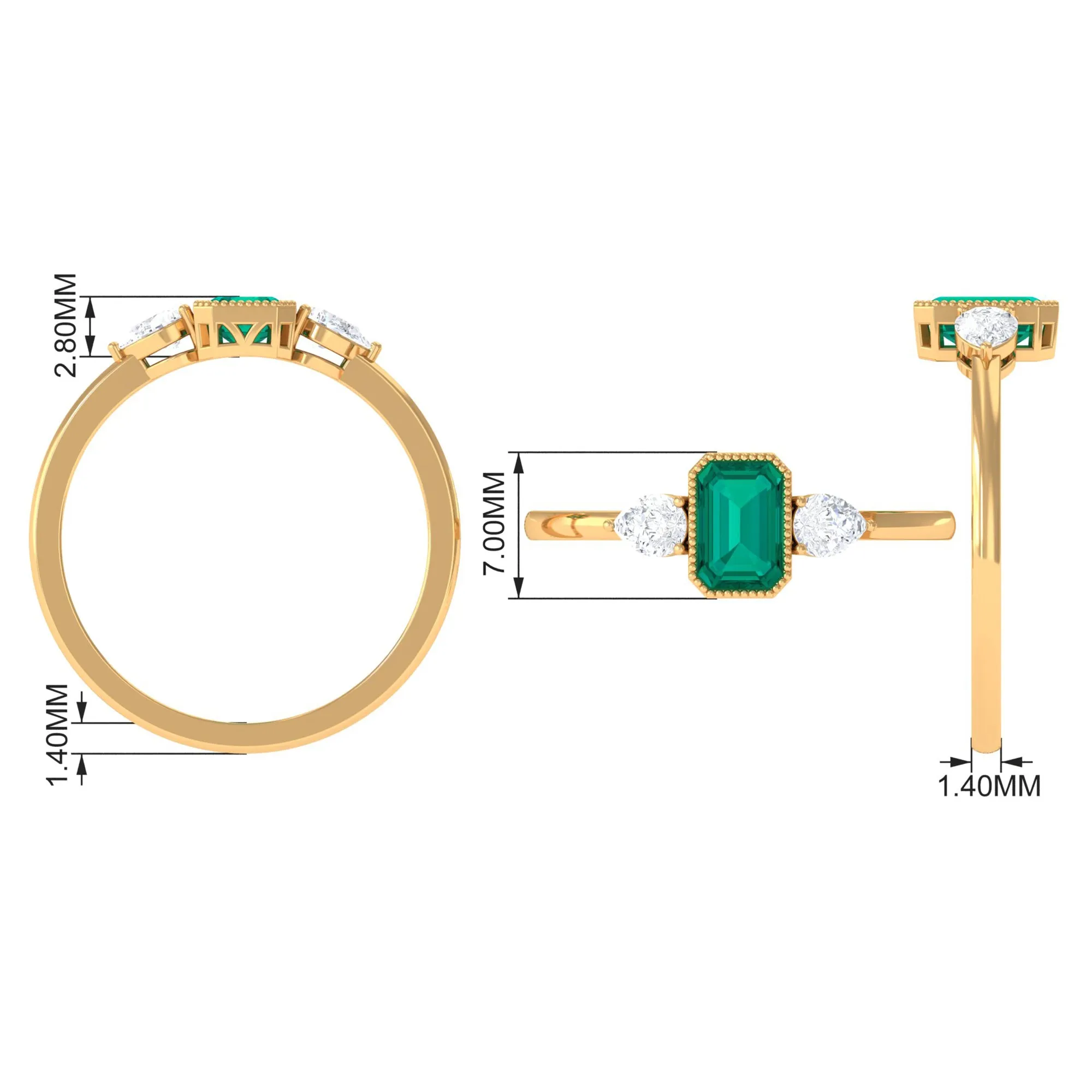 Octagon shape Emerald and Diamond Three Stone Ring in Bezel Setting