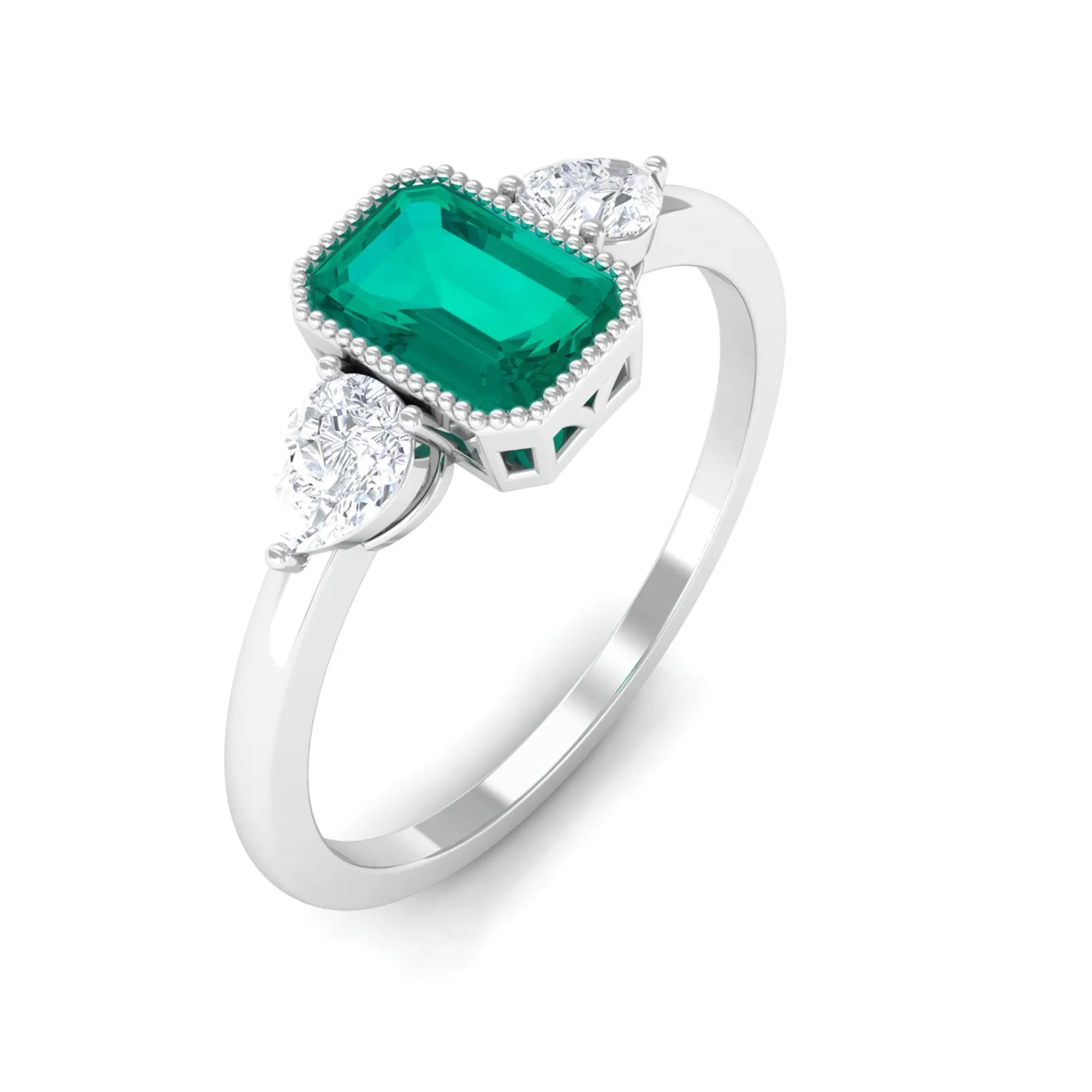 Octagon shape Emerald and Diamond Three Stone Ring in Bezel Setting