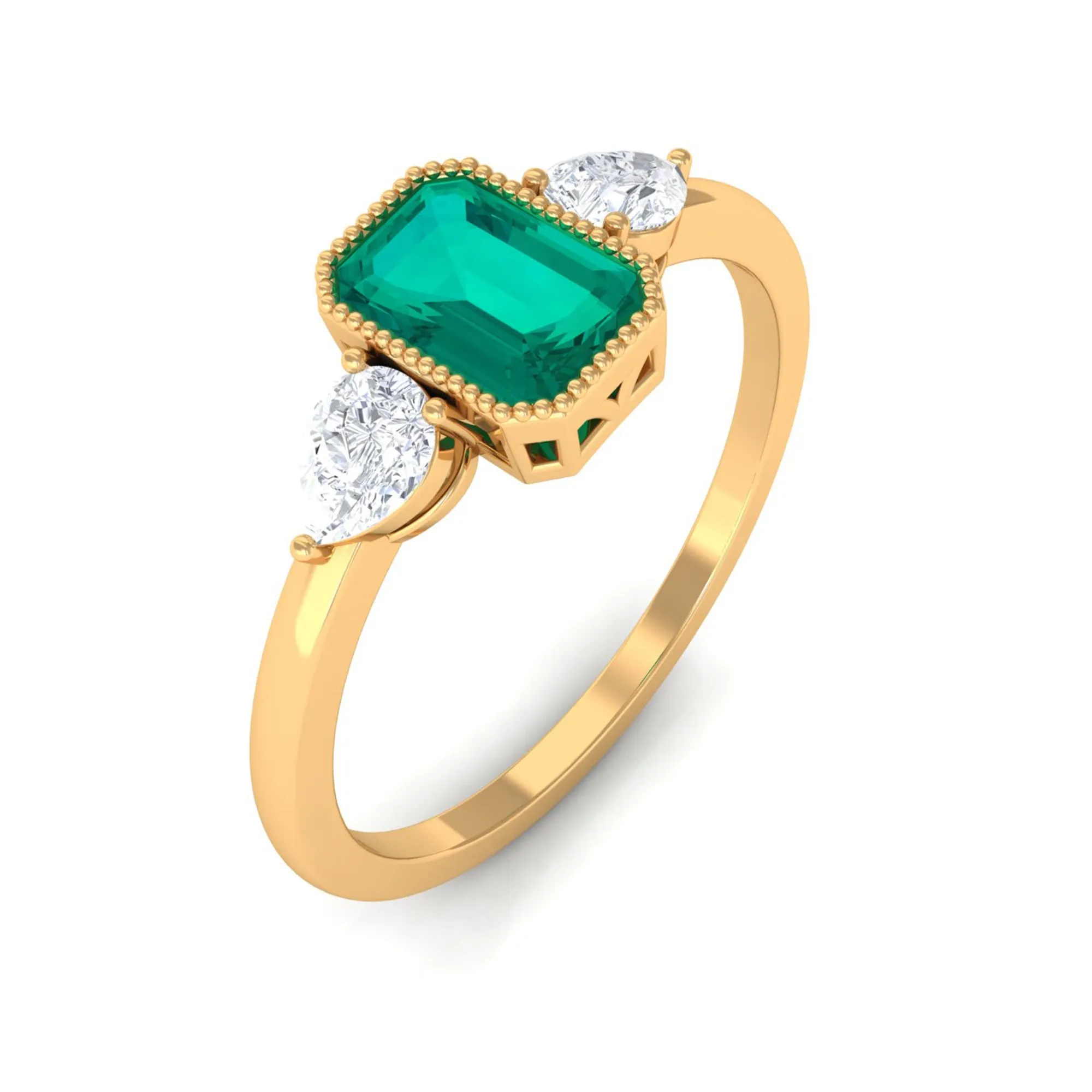 Octagon shape Emerald and Diamond Three Stone Ring in Bezel Setting