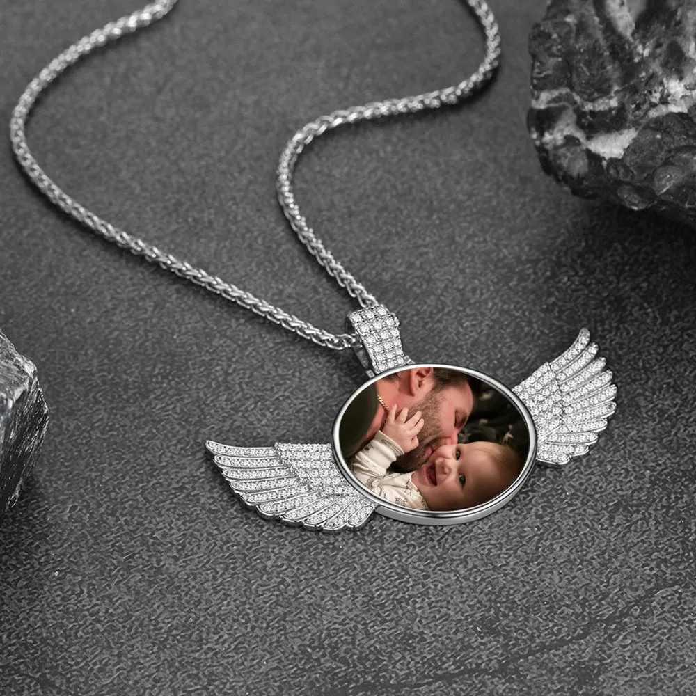 Personalized Angel Wing Picture Necklace with Cubic Zirconia Memorial Gift